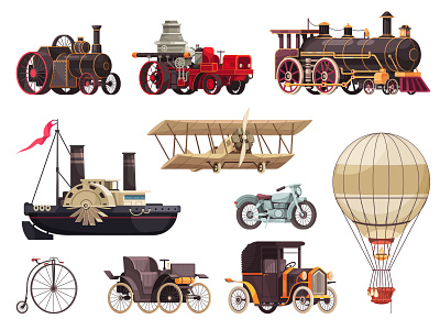 Vintage passenger transport set cartoon historical illustration passenger transport vector vehicle