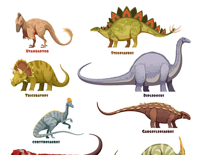 Different types of dinosaurs set cartoon dinosaurus flora illustration landscape vector