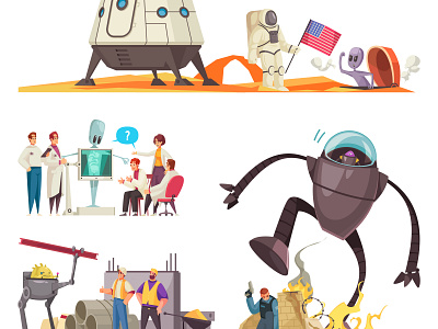 Alien ufo compositions set alien cartoon characters cyborgs humanoids illustration people ufo vector