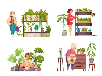 Home plants compositions set cartoon flat houseplants illustration people taking care vector watering