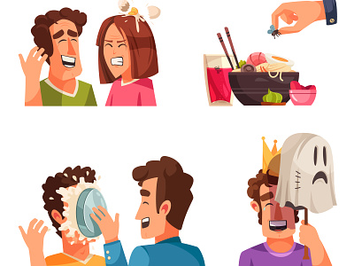 Fools day compositions cartoon characters doodle illustration laughing people pranks vector