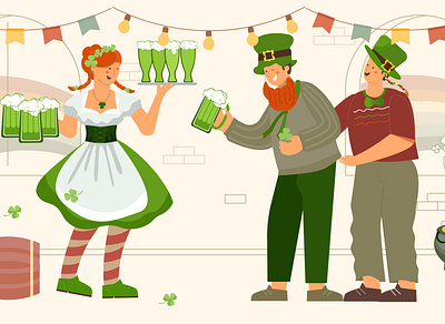 Patrick day waiter composition beer characters flat illustration patrick day pub vector waitress