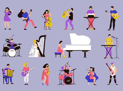 Musicians icons set characters concert flat illustration melody music instruments musicians vector
