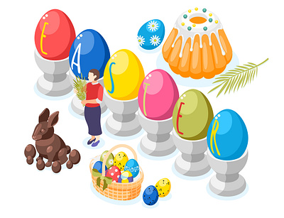 Easter background cakes chocolate bunny eggs illustration isometric sweets vector