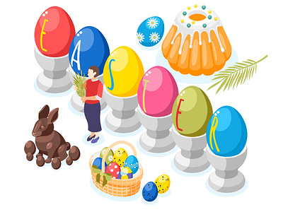 Easter background cakes chocolate bunny eggs illustration isometric sweets vector