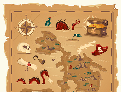Pirate treasure map cartoon illustration old parchment pirate skull treasure map vector