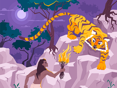 Mowgli coloring page design cartoon child illustration jungle tiger tropical vector