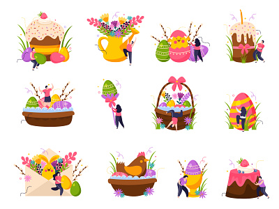 Easter icons set cake celebration chicken easter eggs flat illustration spring vector