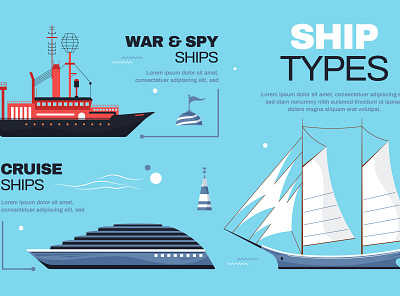 Ship types infographics background cargo fishing flat illustration maritime sailing ship vector vessel