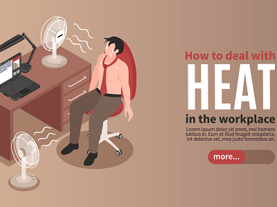 Hot air conditioner banner business illustration isometric office overheating temperature vector