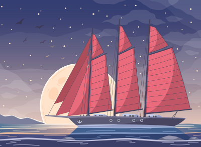 Yachting composition bay boat cartoon illustration night sky red sails vector yachting