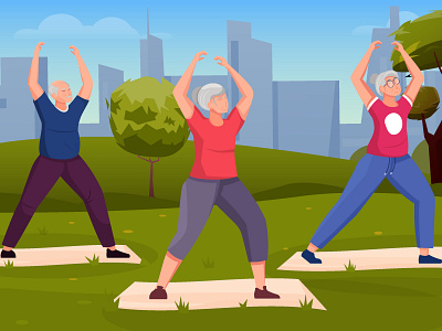 Qigong energy elderly people background elderly exercises flat illustration outdoors people qigong vector