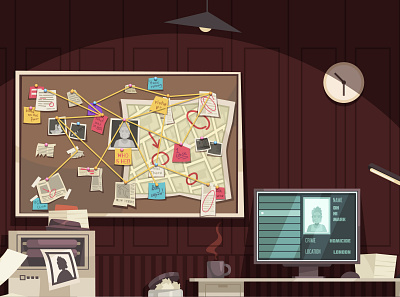 Detective office interior composition cartoon computer crime detective diagram flat illustration office vector