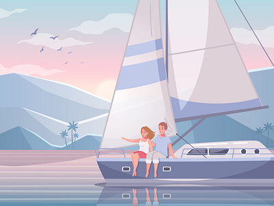 Yachting set cartoon couple exotic bay illustration lovers vector yachting