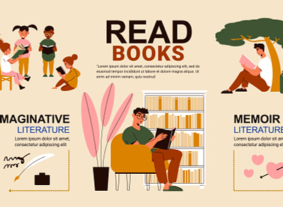 Read books people infographics books flat illustration imaginative memoir people scientific vector