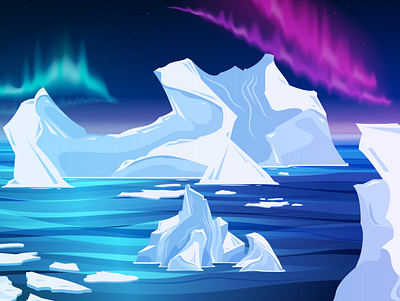 Icebergs northern lights composition arctic ocean cartoon icebergs illustration northern lights vector