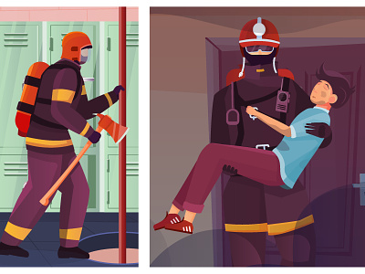 Firefighters illustration fighting fire firefighters flat illustration people saving people vector