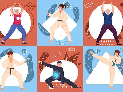 Martial arts compositions set ages exercises flat illustration martial arts people sport vector