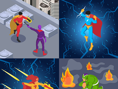 Superheroes and supervillains scenes fire illustration isometric power fight superheroes supervillains vector