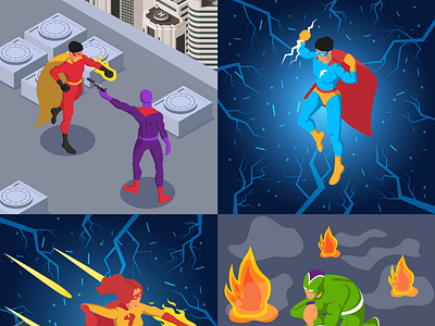 Superheroes and supervillains scenes fire illustration isometric power fight superheroes supervillains vector