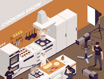 TV cooking show background camera cooking equipment illustration isometric people show vector