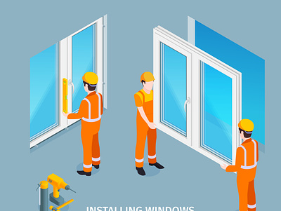 Installing windows background illustration installation isometric people uniform vector windows