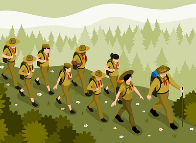 Scout illustration forest hiking illustration isometric mentors scouts vector
