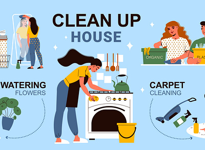 Cleaning up house infographics cleaning cooking flat illustration people vector washing watering