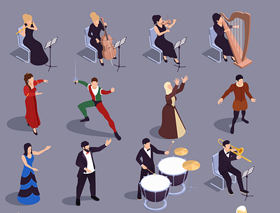 Grand theatre icons set culture entertainment illustration isometric people performance theater vector