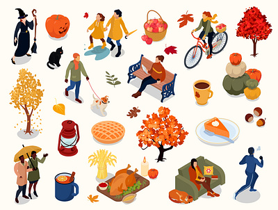Autumn icons set autumn halloween harvest illustration isometric pumpkin umbrella vector