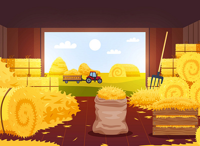 Bales hay barn composition agriculture autumn countryside farm flat harvest illustration vector wheat