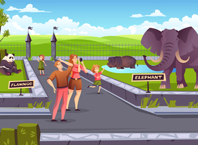 Family in zoo park animal flat illustration landscape vector visitor wildlife zoo