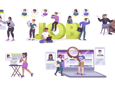 Job search set flat illustration people personnel recruitment resume vacancy vector