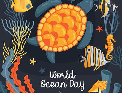 World ocean day card fauna fish flat illustration marine ocean underwater vector