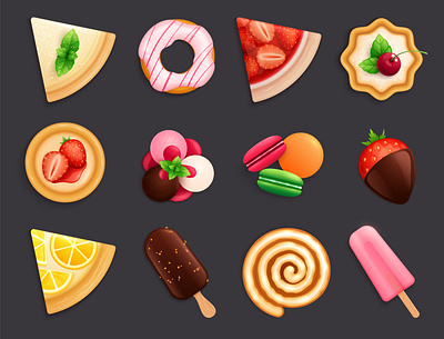 Desserts sweets set assortment bakery dessert food illustration realistic sweet vector