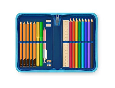 Open pencil case accessories case illustration pencil pupil realistic stationery vector