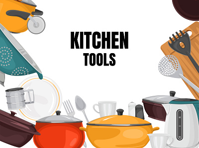 Kitchen tools frame composition cooking equipment flat food illustration kitchen meal vector