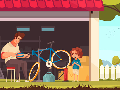 Cycle repair background bicycle cartoon child father flat illustration leisure repair vector