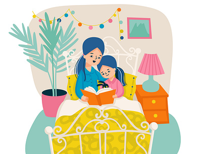 Mother and daughter reading composition family flat illustration leisure motherhood relationship together vector