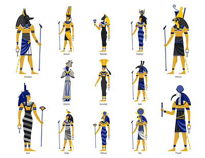 Egyptian ancient gods set ancient egypt flat god illustration mythology sculpture vector