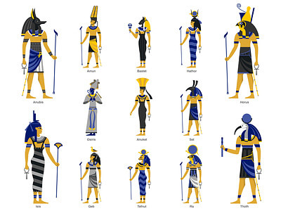 Egyptian ancient gods set ancient egypt flat god illustration mythology sculpture vector