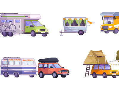 Camping car set camping flat illustration journey lifestyle vacation vector vehicle