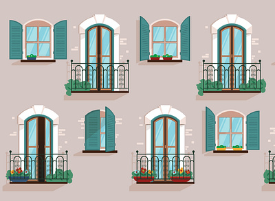 Windows and balconies set architecture balcony building facade flat illustration vector windows