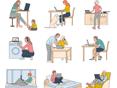 Work at home problems set flat housework illustration multitasking overworked remote vector workplace