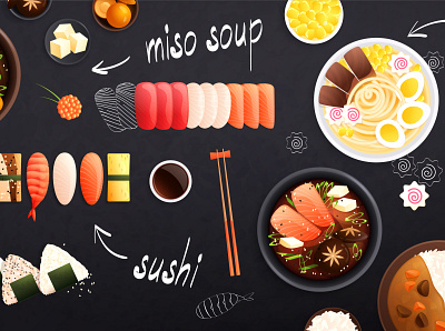 Traditional japanese food background cuisine flat illustration japanese menu seafood traditional vector