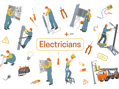 Electricians icons set electricity engineering flat illustration repairing service vector worker