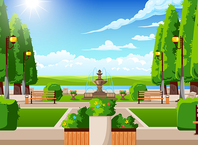 Summer park landscape environment flat fountain illustration landscape park vector