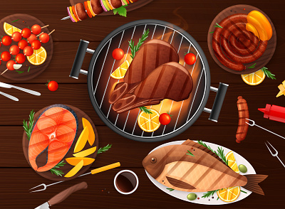 BBQ party composition cooking flat food illustration meat picnic vector vegetable