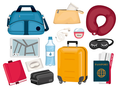 Touristic items set flat handbag illustration luggage rucksack tourism vector voyage
