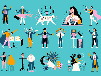 Magic show icons set amusement entertainment flat illustration magic performance show vector